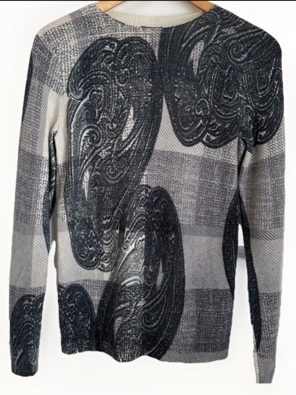 Talbots 100% Cashmere Sweater Paisley Gingham Print Grey Black Womens Size S